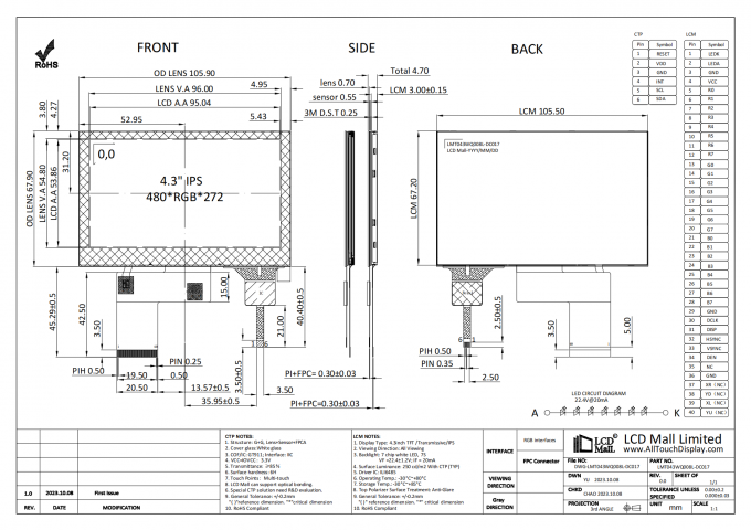 4.3'' IPS 480*RGB*272 Tft Display LCD 40 pin Interfaccia RGB Display touch panel capacitivo 1