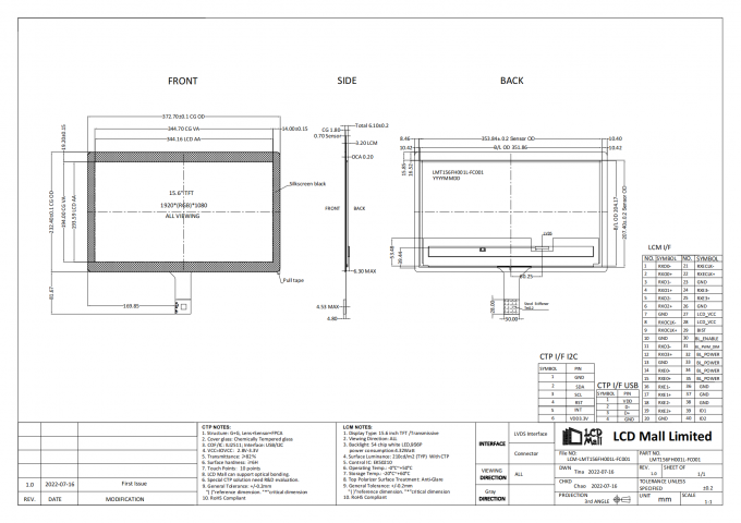 1920*1080 Risoluzione CTP TFT LCD Modulo LCD da 15,6 pollici Pannello LCD 210cd 0