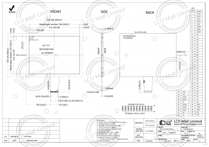 Modulo LCD TFT da 400 Nits con interfaccia RGB e direzione di visualizzazione ALL/IPS 0