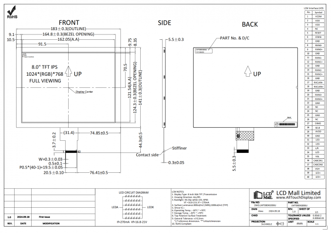 8.0" TFT LCD Modulo 1024*768 Risoluzione 1000nits 40PIN LVDS Interfaccia per AK Wire Soldered To FPC 0