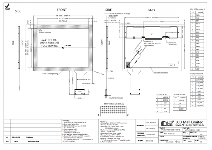 Modulo di visualizzazione LCD personalizzabile da 12,1 pollici con risoluzione 1024 * 768 e interfaccia LVDS a 20 pin 0