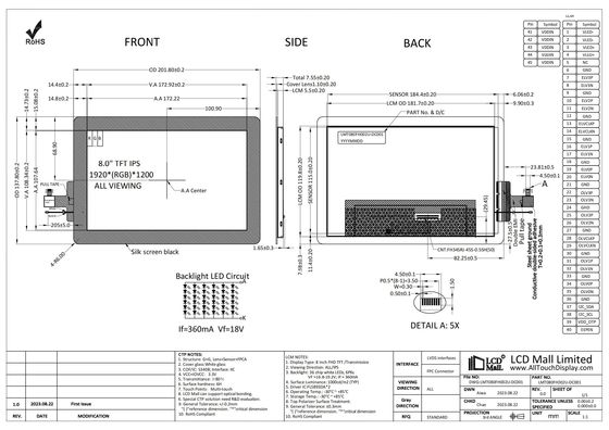 comprare Smart 8' FHD TFT LCD CTP Display 1920*1200 schermo LCD IPS Visualizzazione 1000nits Interfaccia LVDS online manufacture